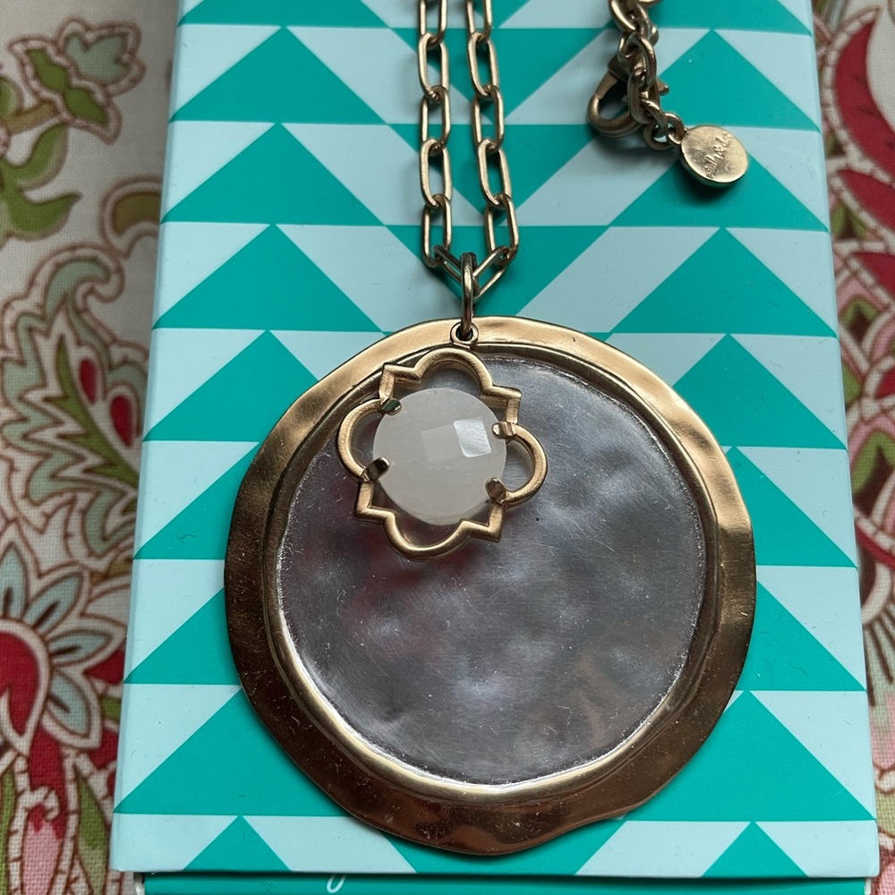 Stella & Dot, long, brushed gold necklace with circle charm.